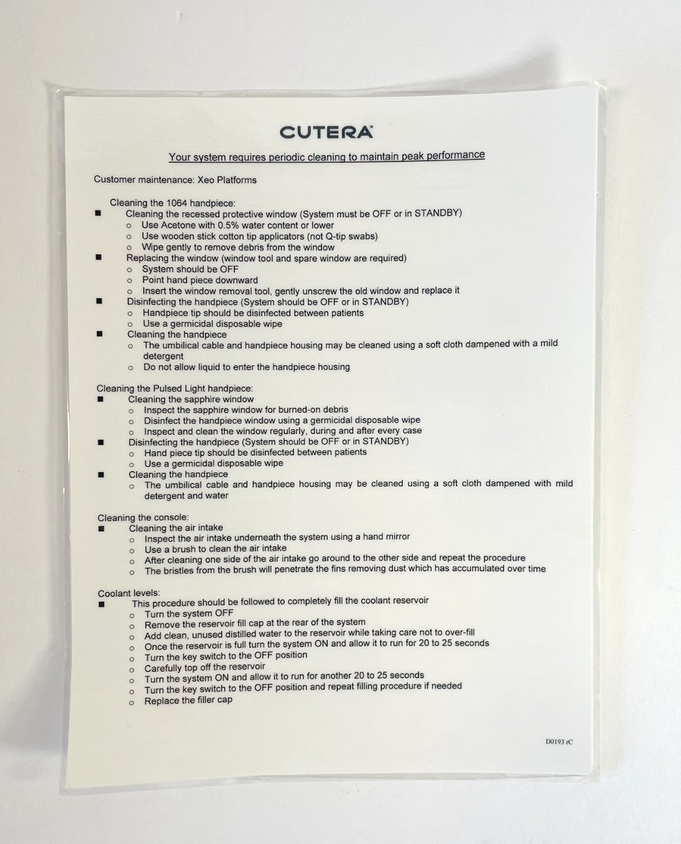 Cutera Instructions for pulsed light handpiece removal and installation and Customer Support Numbers