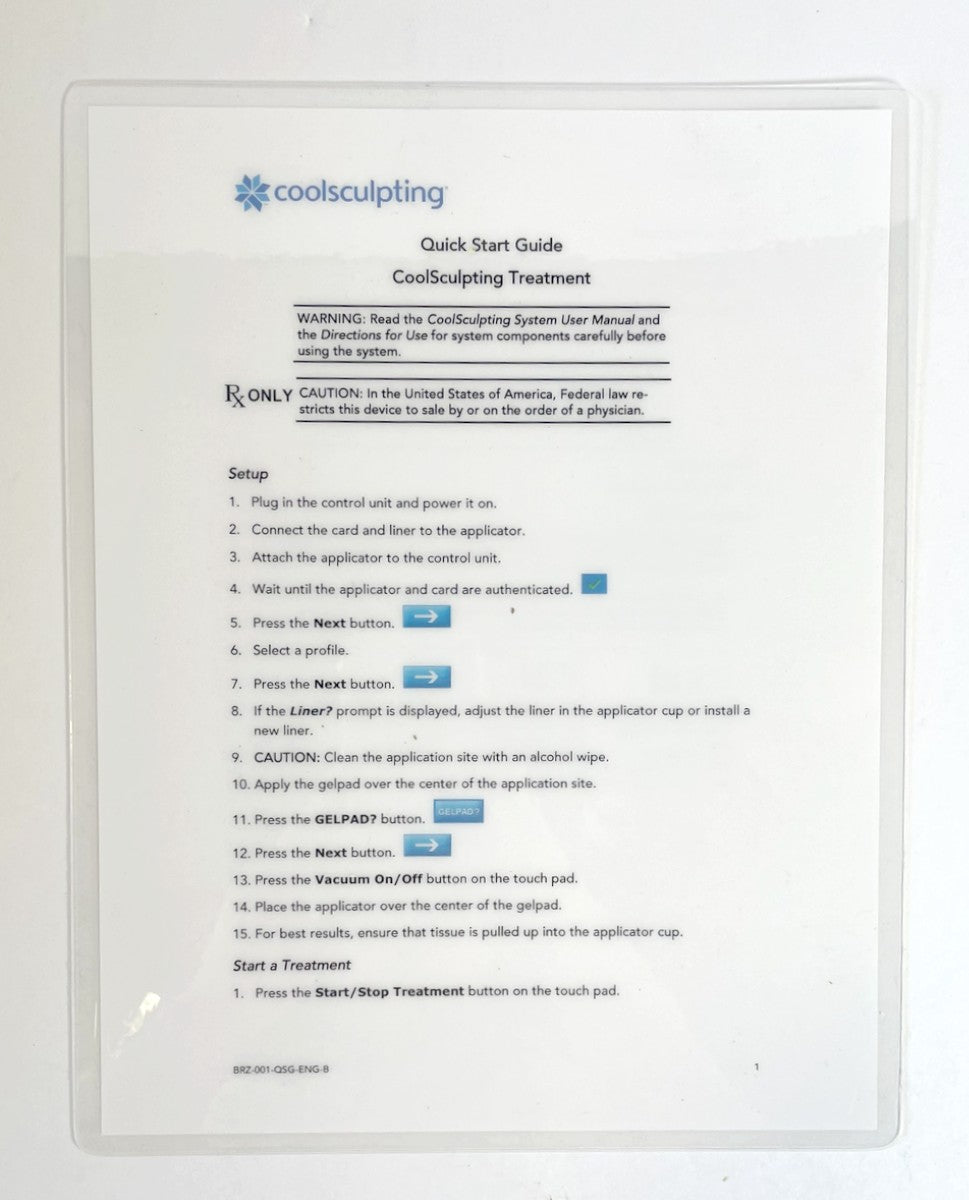 Coolsculpting Treatment, Quick Start Guide P/N: BRZ-001-OSG-ENG-B (1 Sheet)