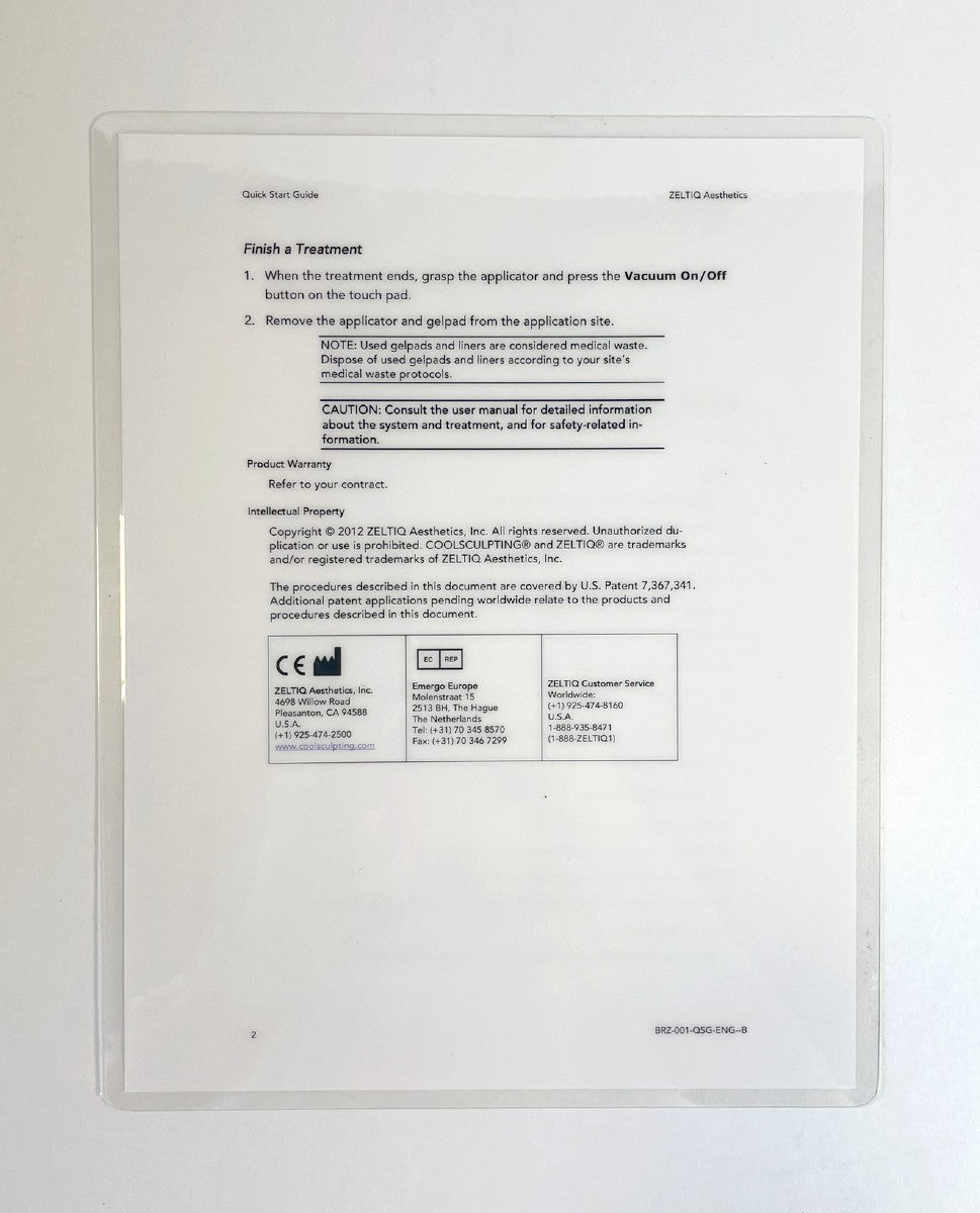 Coolsculpting Treatment, Quick Start Guide P/N: BRZ-001-OSG-ENG-B (1 Sheet)