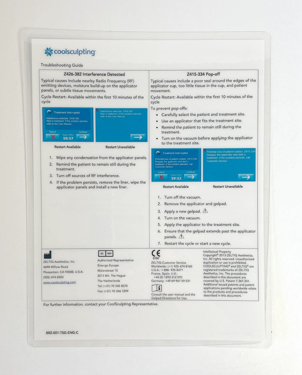 Coolsculpting Troubleshooting Guide P/N BRZ-001-TSG-ENG-C (1 Sheet)