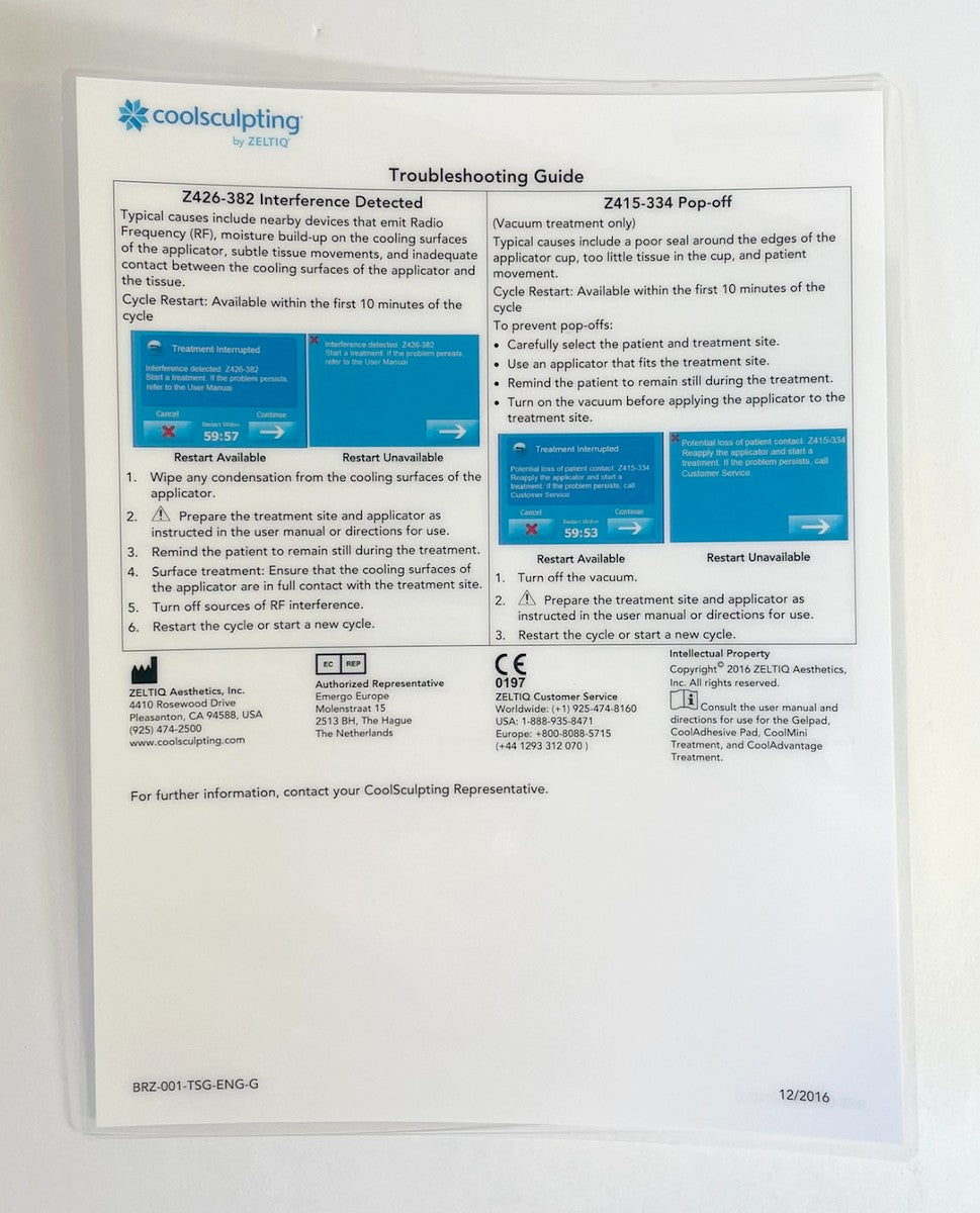 ZELTIQ, Coolsculpting, Troubleshooting Guide, P/N: BRZ-001-TSG-ENG-G