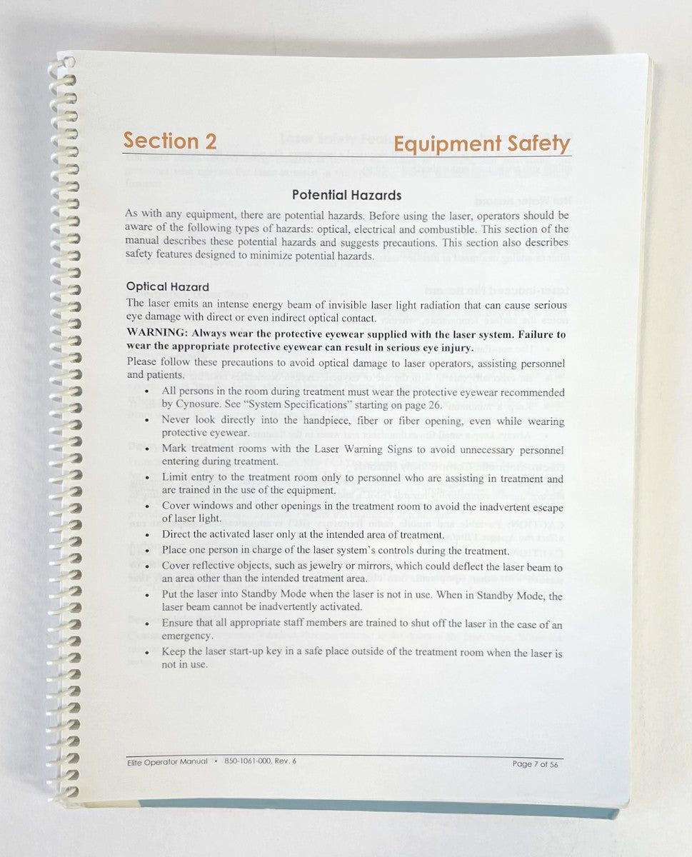 Cynosure, Elite Aesthetic, Acclaim and Apogee, Operator Manual