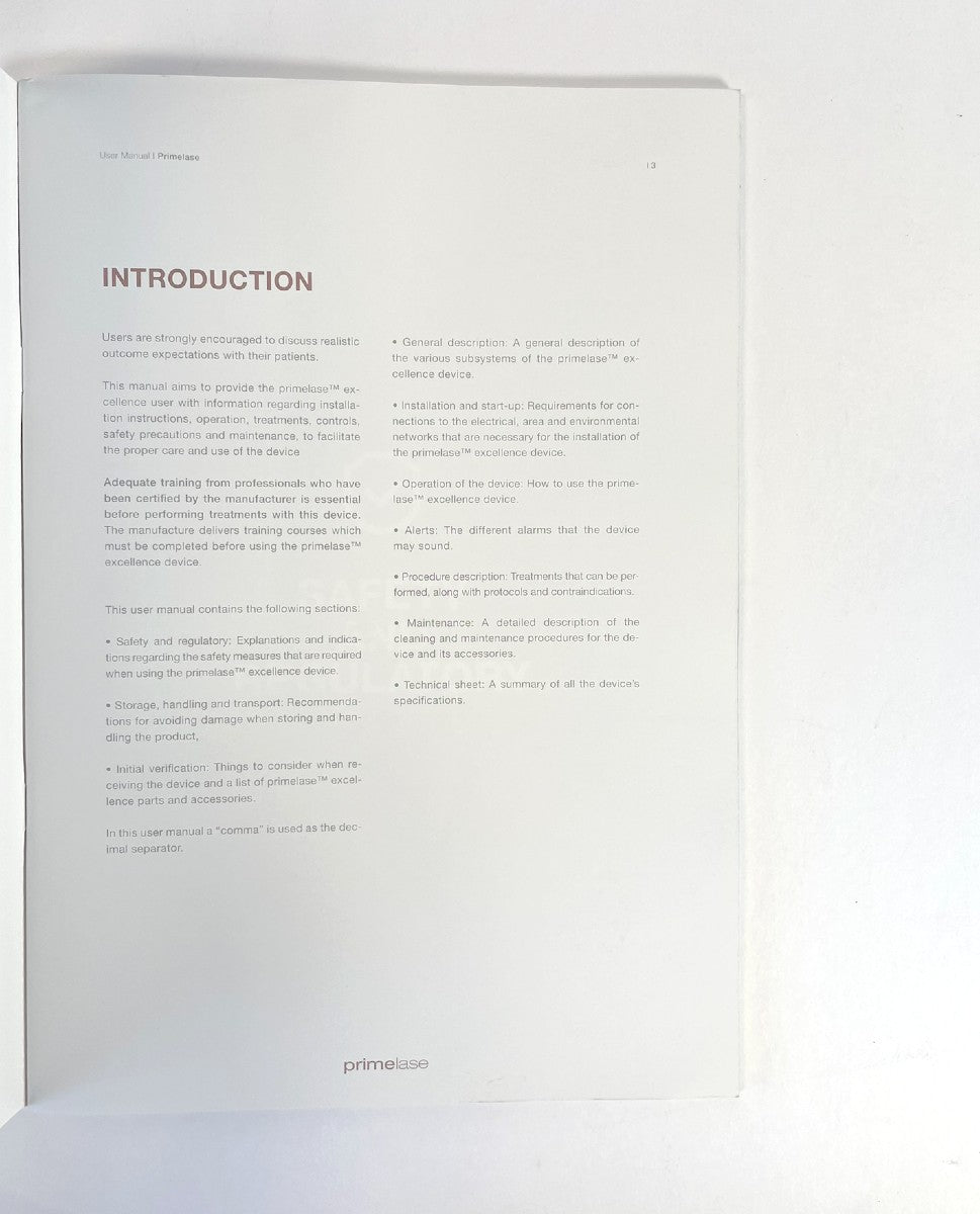 Cocoon Primelase Medical Laser User Operator Manual 100009325