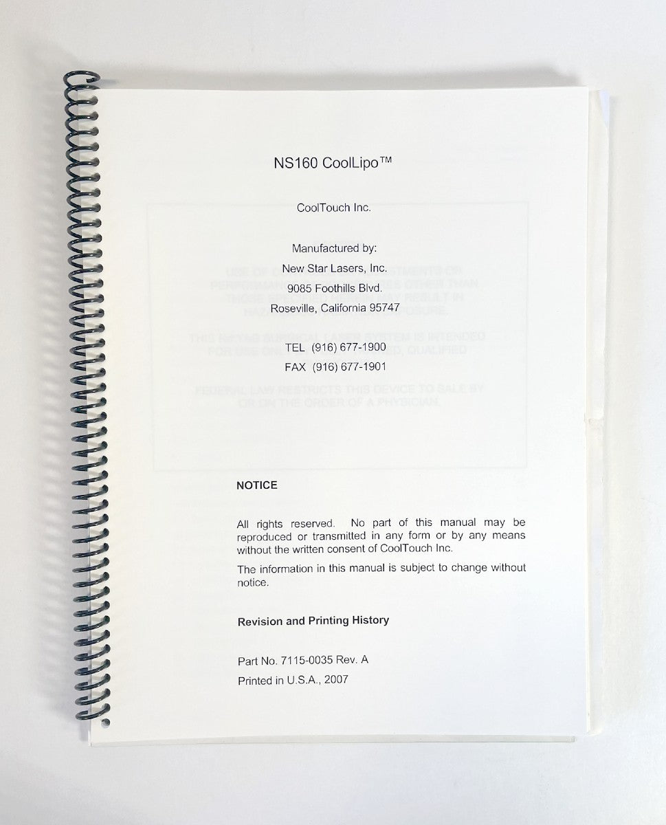 CoolTouch NS160 CoolLipo Operation Manual 2007 115-0035 Rev. A