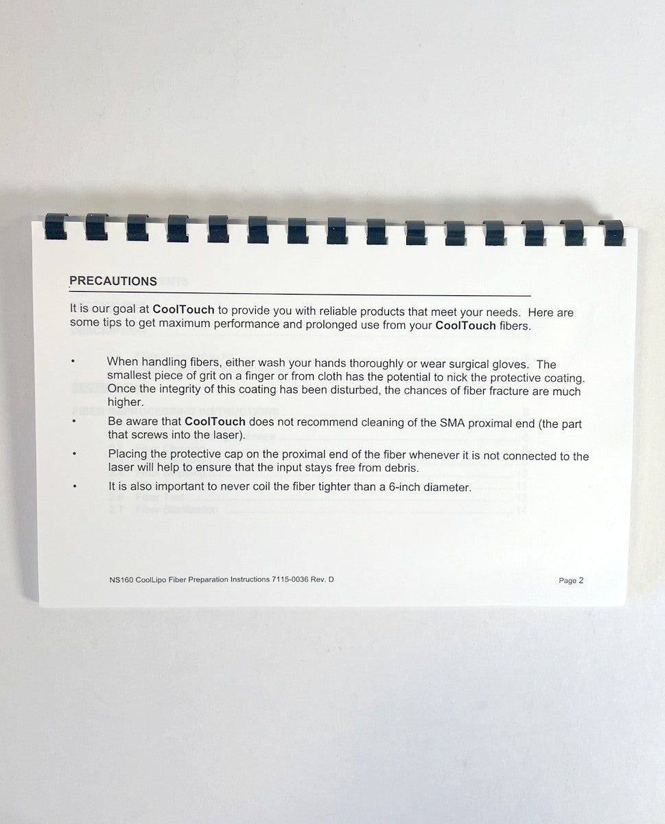Cooltouch Cool Lipo NS160 Fibers And Handpieces Reparation Instructions 7115-0036 Rev.D