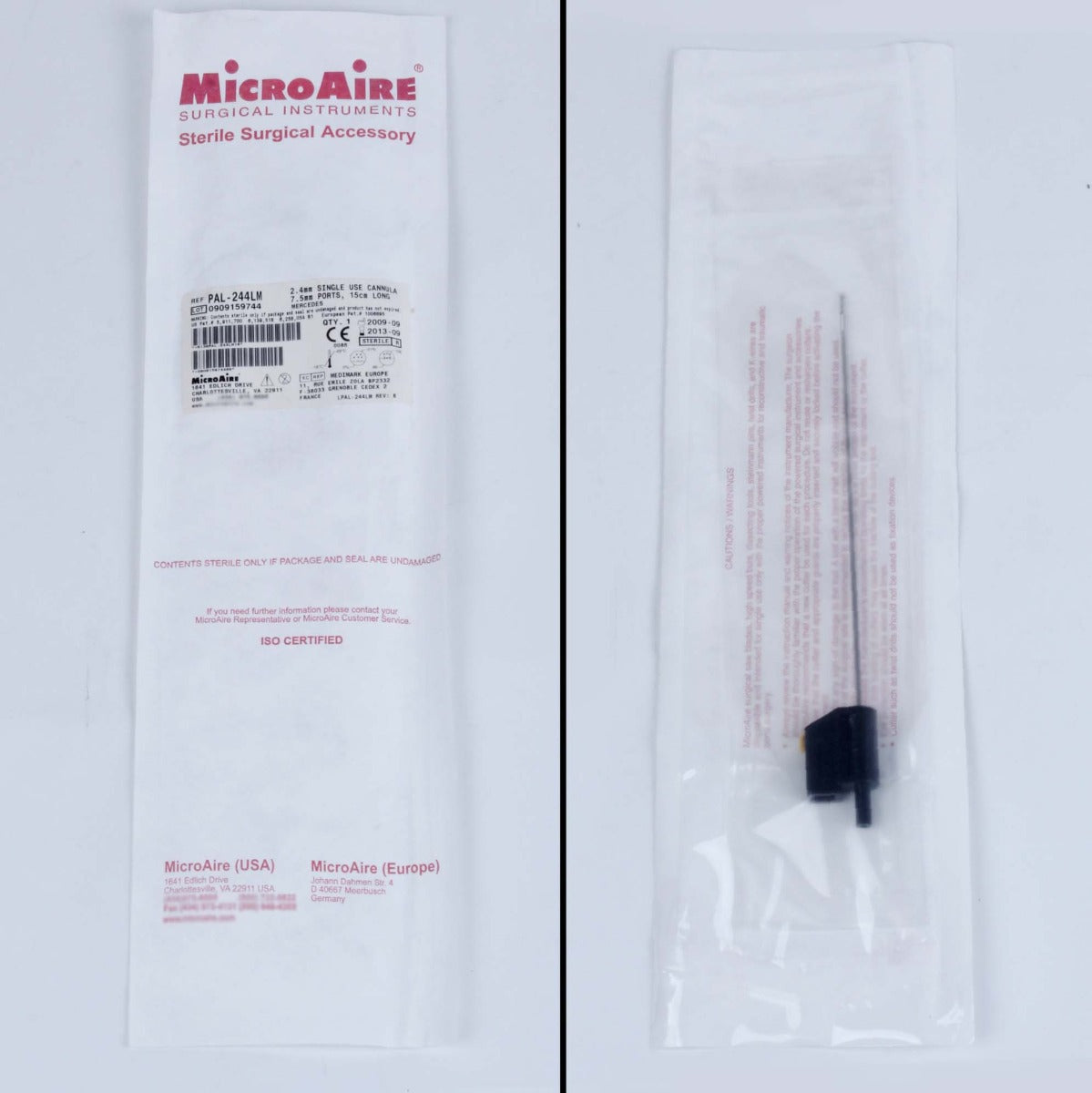 MicroAire PAL Power Cannula 15cm Long 2.4mm Dia 7.5mm Ports MERCEDES PAL-244LM