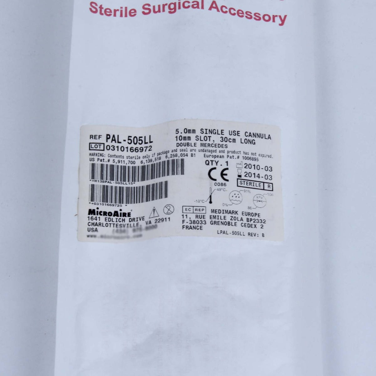 MicroAire PAL Cannula 30cm Long 5mm Dia 10mm Ports DOUBLE MERCEDES PAL-505LL