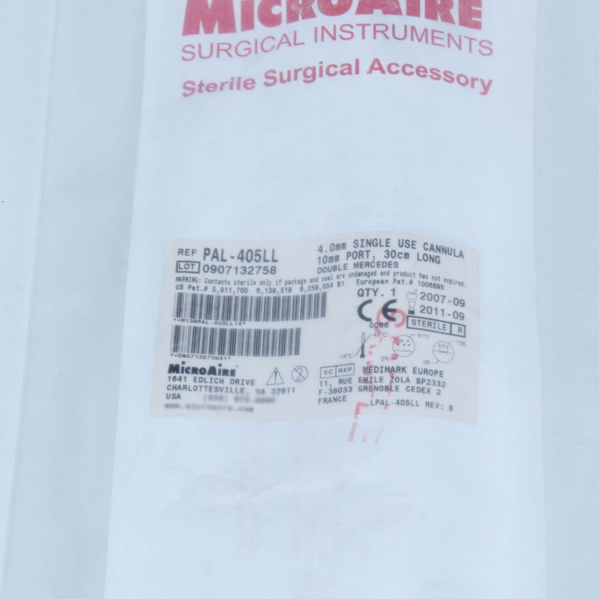 MicroAire PAL Cannula 30cm Long 4mm Dia 10mm Port DOUBLE MERCEDES PAL-405LL