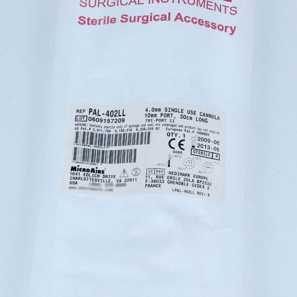 MicroAire PAL Power Cannula 30cm Long 4mm Dia 10mm Port TRI-PORT II 2 PAL-402LL