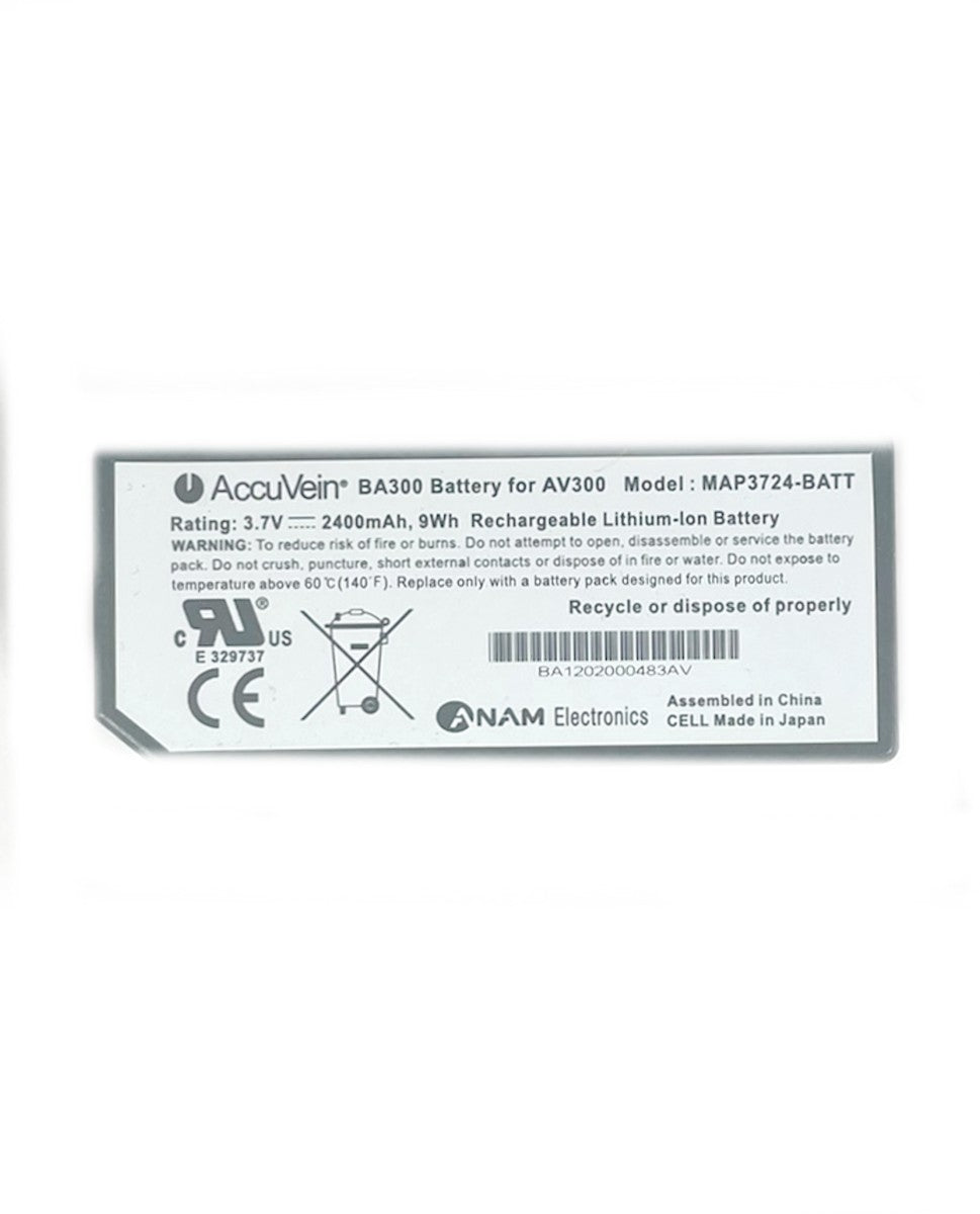 AccuVein, VA300 Battery for AV300, Model: MAP3724-BATT, Rating 3.7 V, 2400 mAh, Rechargeable Lithium-ion Battery