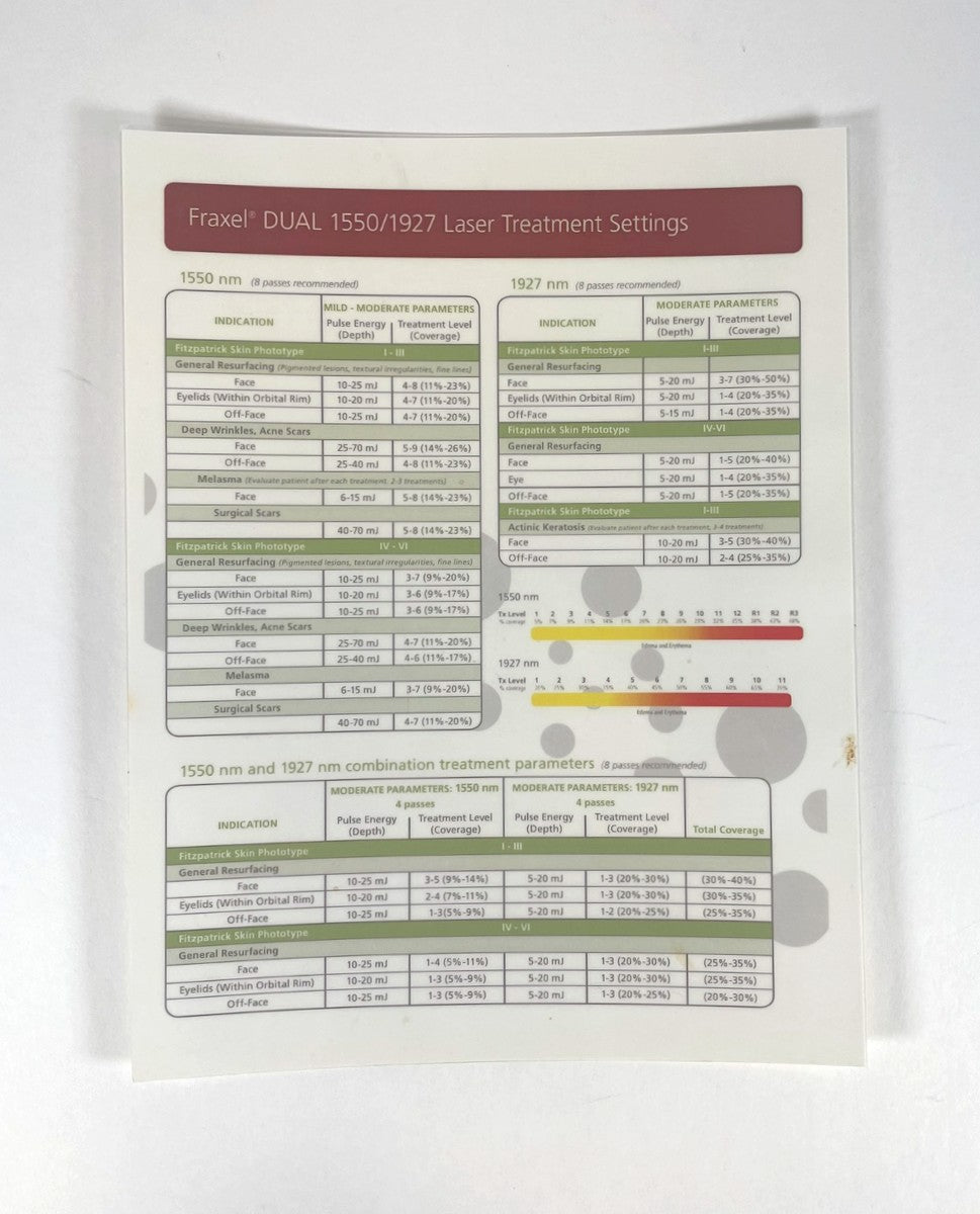 Fraxel DUAL 1550/1927 Laser Treatment Settings, 2011 (1 sheet)