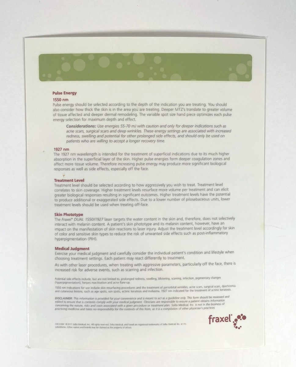 Fraxel DUAL 1550/1927 Laser Treatment Settings, 2011 (1 sheet)