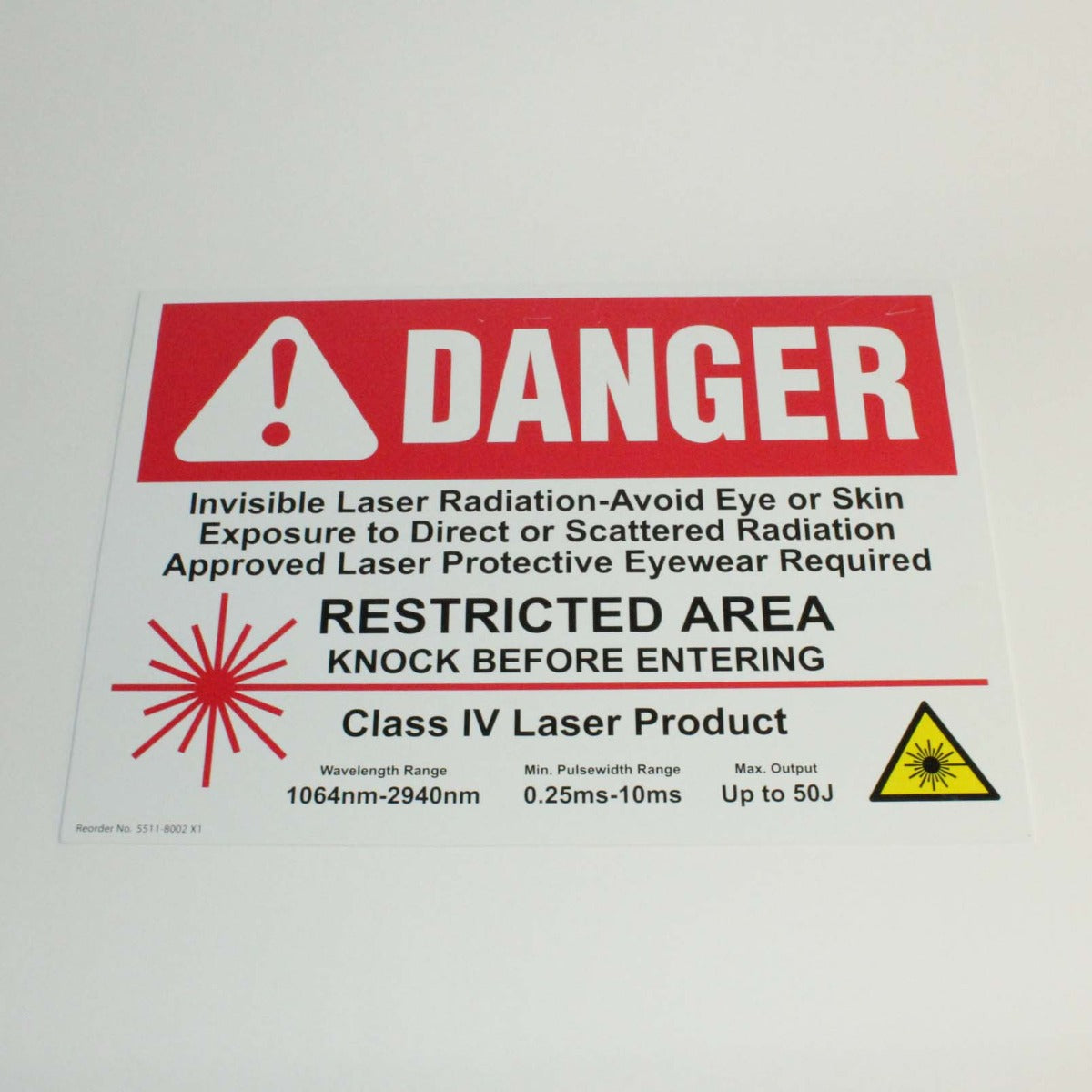 Warning Class 4 Laser Safety Danger Sign NdYAG Erbium 1064 2940 10x14 Plastic
