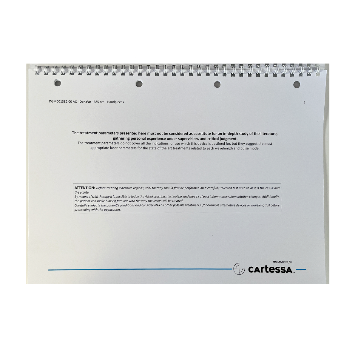 Cartessa DenaVe Laser System 585 nm - Focussing Handpieces Application Charts DGM001382.00