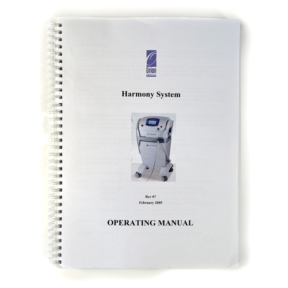 Orion Lasers Inc Harmony System Operating Manual Rev 07