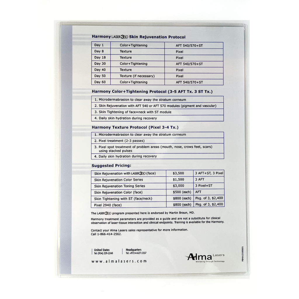 Alma Lasers, Harmony LASER 360, Skin Rejuvenation Program, introducing guide, P/N: PBHA12100601, laminated sheet