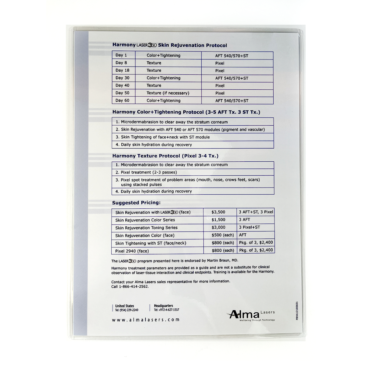 Alma Lasers, Harmony LASER 360, Skin Rejuvenation Program, introducing guide, P/N: PBHA12100601, laminated sheet