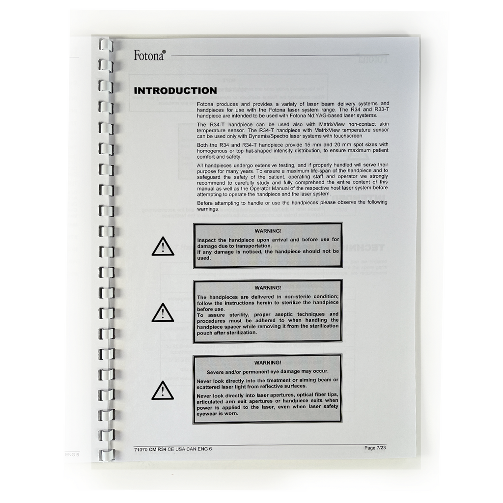Fotona, OPERATOR MANUAL, Nd: YAG OPTICAL HANDPIECE, Model: R34, R34-T, 71070 CE USA CAN ENG 6