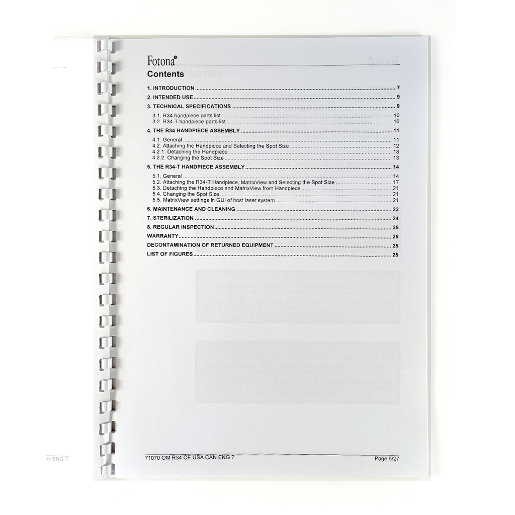 Fotona, OPERATOR MANUAL, Nd: YAG OPTICAL HANDPIECE, Model: R34, R34-T, 71070 CE USA CAN ENG 7
