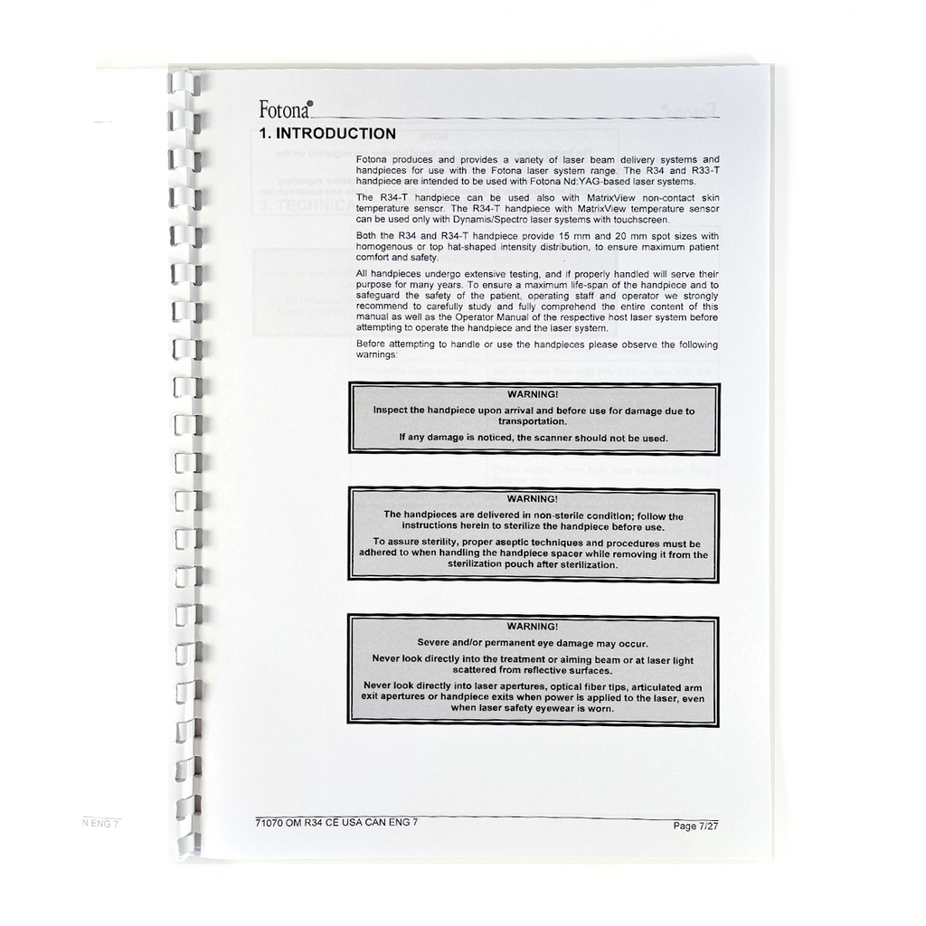 Fotona, OPERATOR MANUAL, Nd: YAG OPTICAL HANDPIECE, Model: R34, R34-T, 71070 CE USA CAN ENG 7