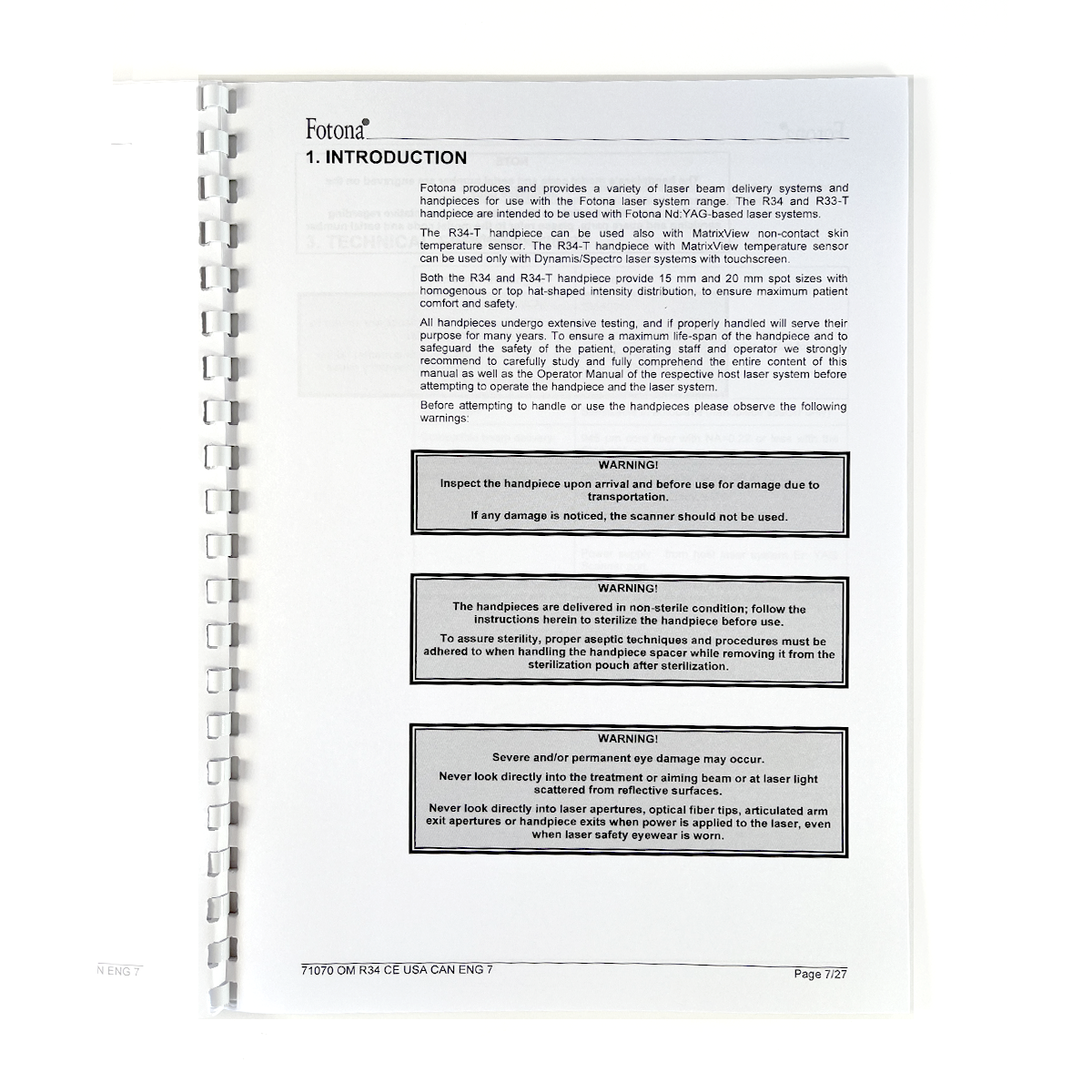 Fotona, OPERATOR MANUAL, Nd: YAG OPTICAL HANDPIECE, Model: R34, R34-T, 71070 CE USA CAN ENG 7