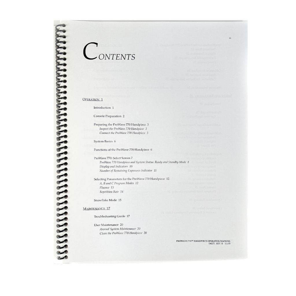 CUTERA, Pro Wave 770 Handpiece, Operator Manual, P/N D0277 REV.B 11/05