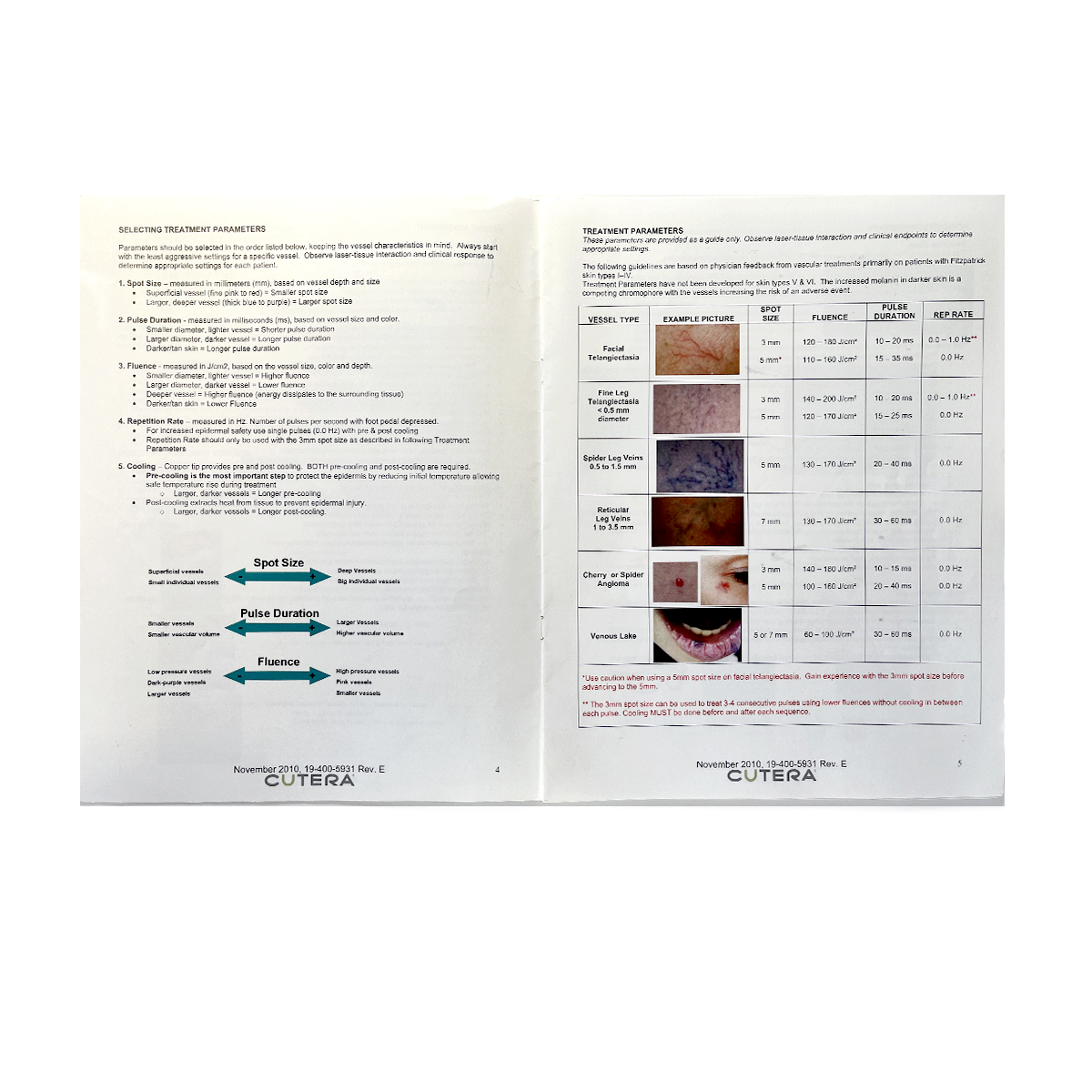 Cutera Excel, Vascular Treatment Guidelines, 19-400-5931 Rev. E, November 2010