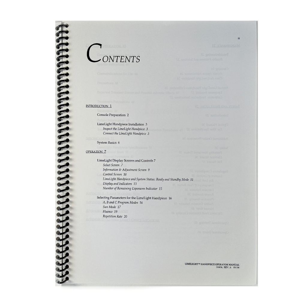 CUTERA, LimeLight Handpiece Operator Manual, P/N: D0436, Rev. A, Sep 2006