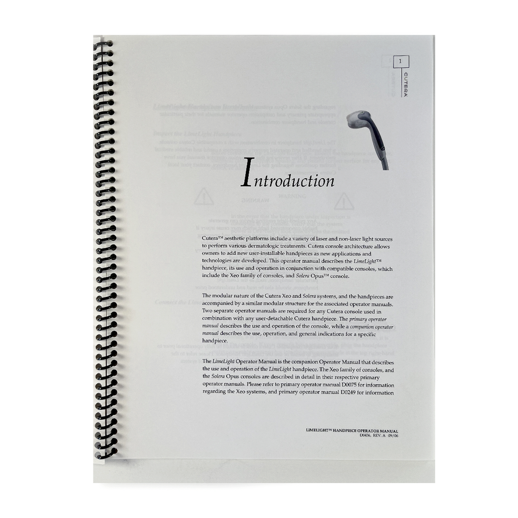 CUTERA, LimeLight Handpiece Operator Manual, P/N: D0436, Rev. A, Sep 2006