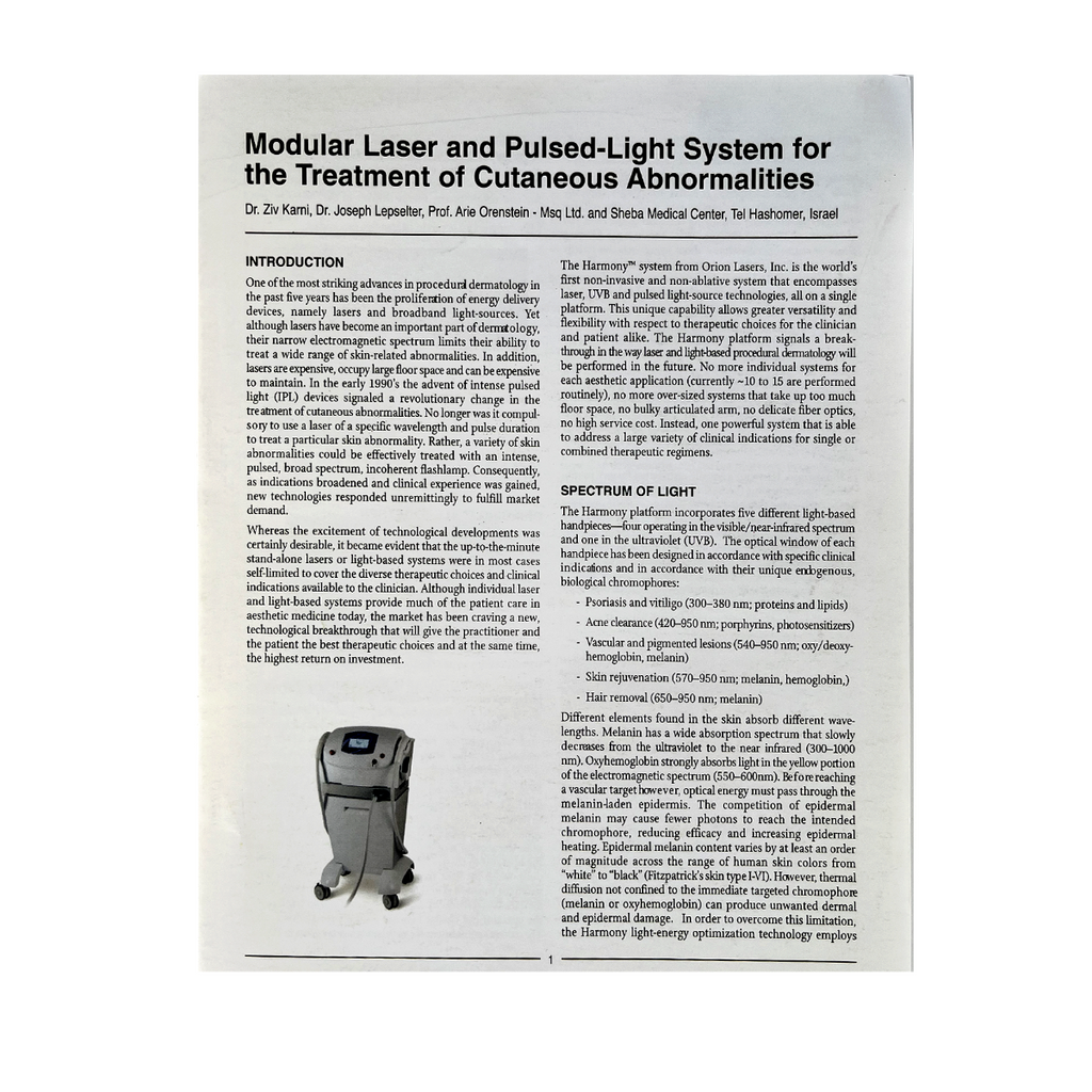 Orion Lasers, “Modular Laser and Pulsed-Light System for the Treatment of Cutaneous Abnormalities” Article, P/N: HarWP1-Rev.1, 2004