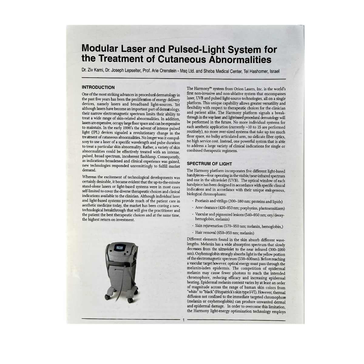 Orion Lasers, “Modular Laser and Pulsed-Light System for the Treatment of Cutaneous Abnormalities” Article, P/N: HarWP1-Rev.1, 2004