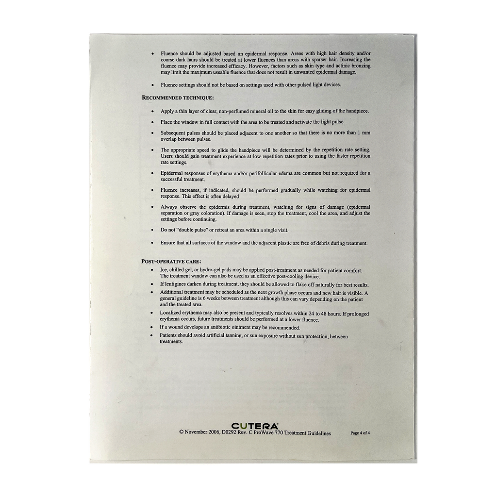 CUTERA, ProWave 770 Hair Removal Treatment Guidelines, D0292 Rev. C, November 2006