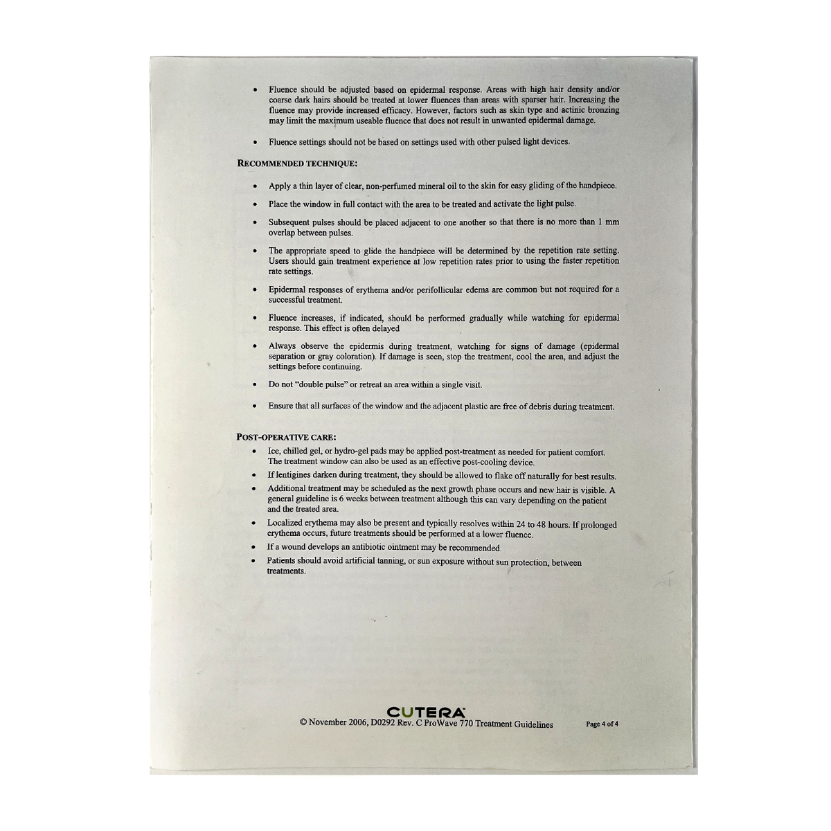 CUTERA, ProWave 770 Hair Removal Treatment Guidelines, D0292 Rev. C, November 2006