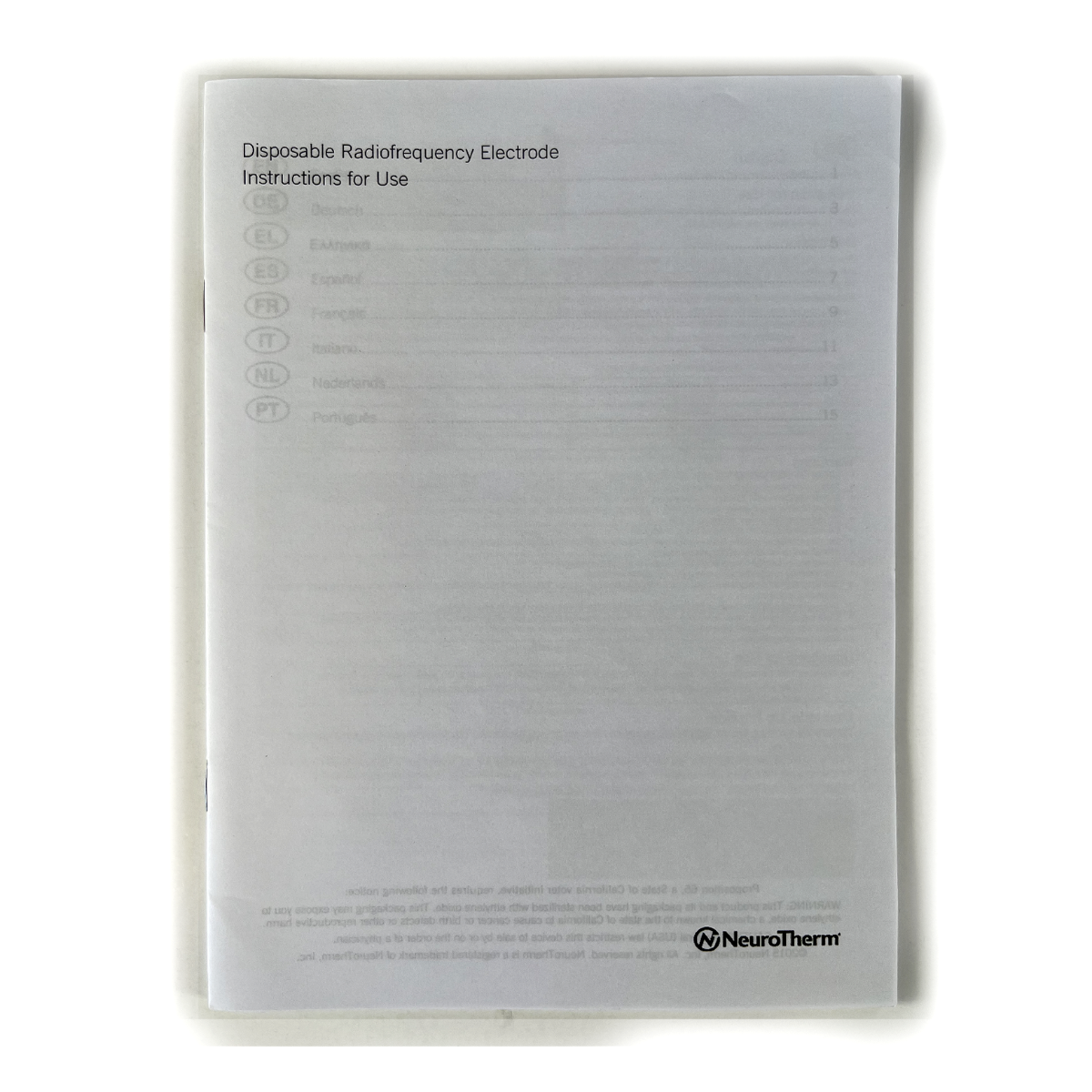 NeuroTherm Disposable Radiofrequency Electrode Intructions for use