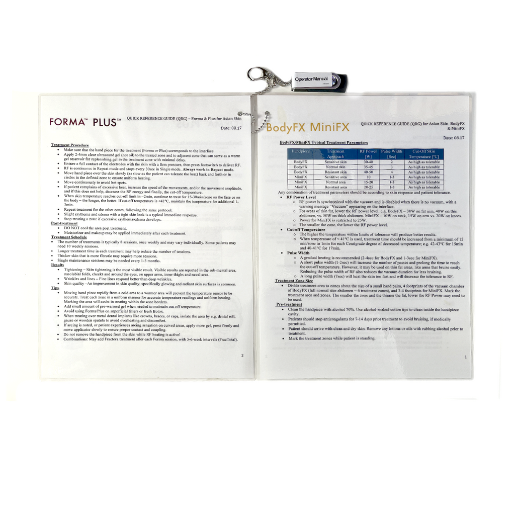 Operator Manual, FORMA PLUS, Quick reference guide (QRG) – Forma & Plus for Asian Skin, BodyFX MiniFX, Quick reference guide (QRG) for Asian Skin BodyFX & MiniFX, EXP 2017