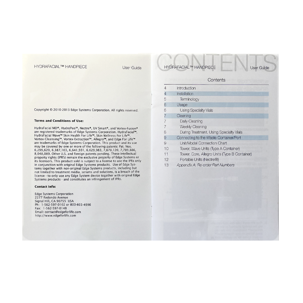 EDGE for life, HydraFacial HANDPIECE, User Guide, P/N: 19414-C