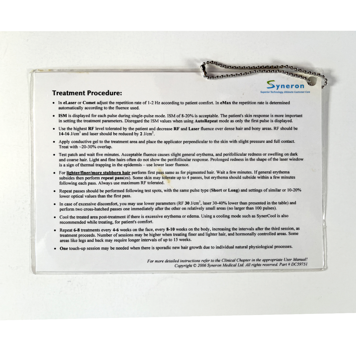 Syneron DSL Treatment Quick-Reference guide DC59751, 2006