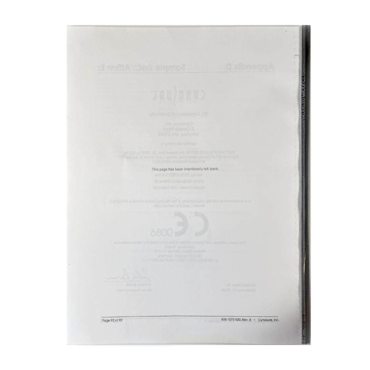 Cynosure Affirm, Anti-Aging Workstation, Operator Manual P/N 850-1072-020. Rev.8-1