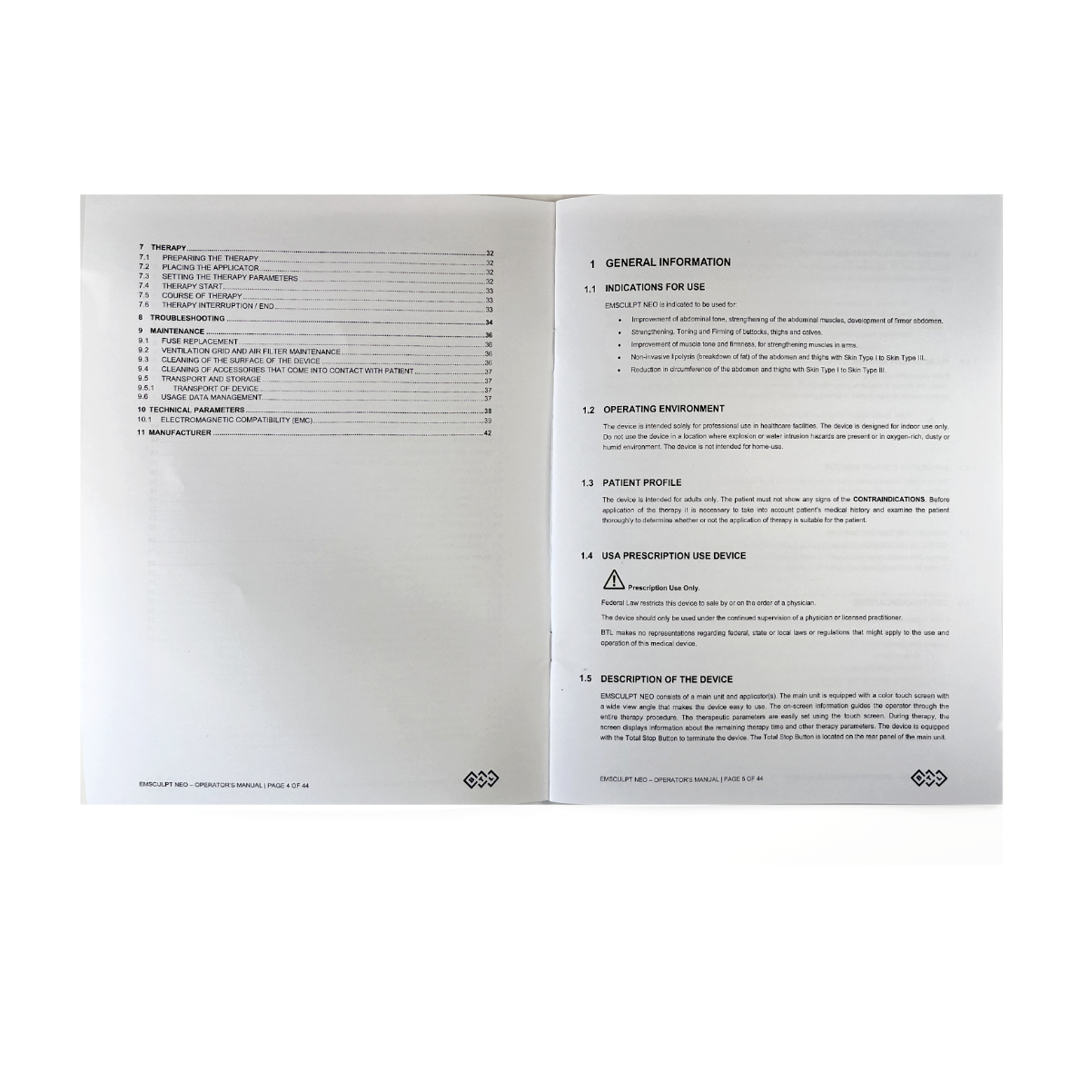 BTL Emsculpt NEO Operator's Manual Operation Guidelines Therapy Parameters Book