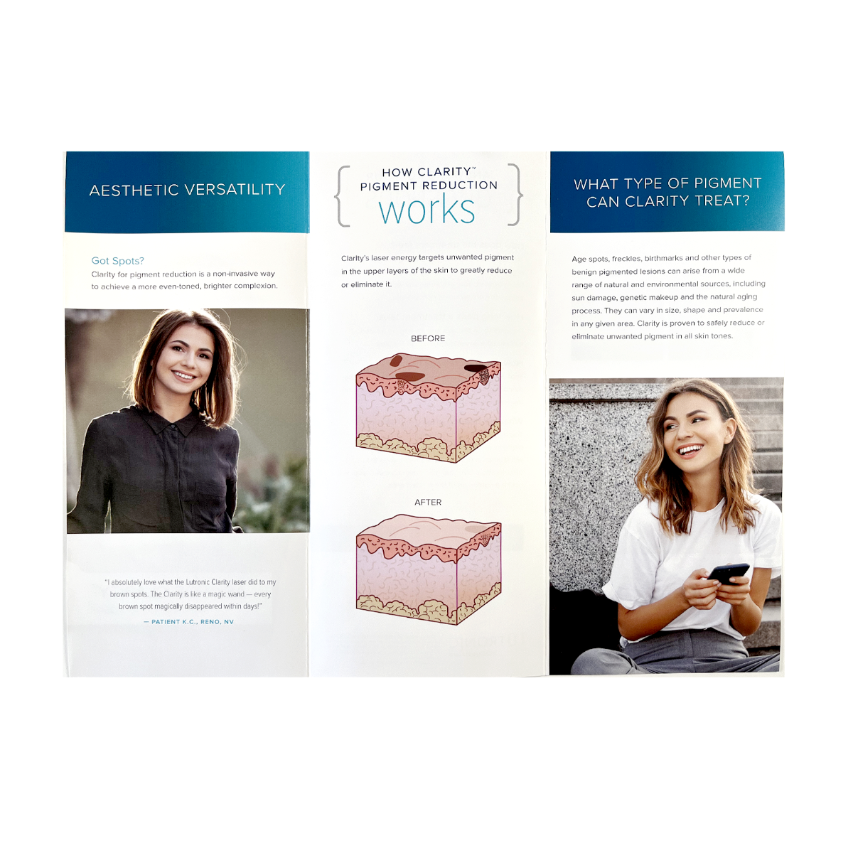 LUTRONIC, ASK FOR CLARITY, Multi-Purpose Laser, Unwanted Pigment Reduction Brochure, 1 Pack (50 brochures)