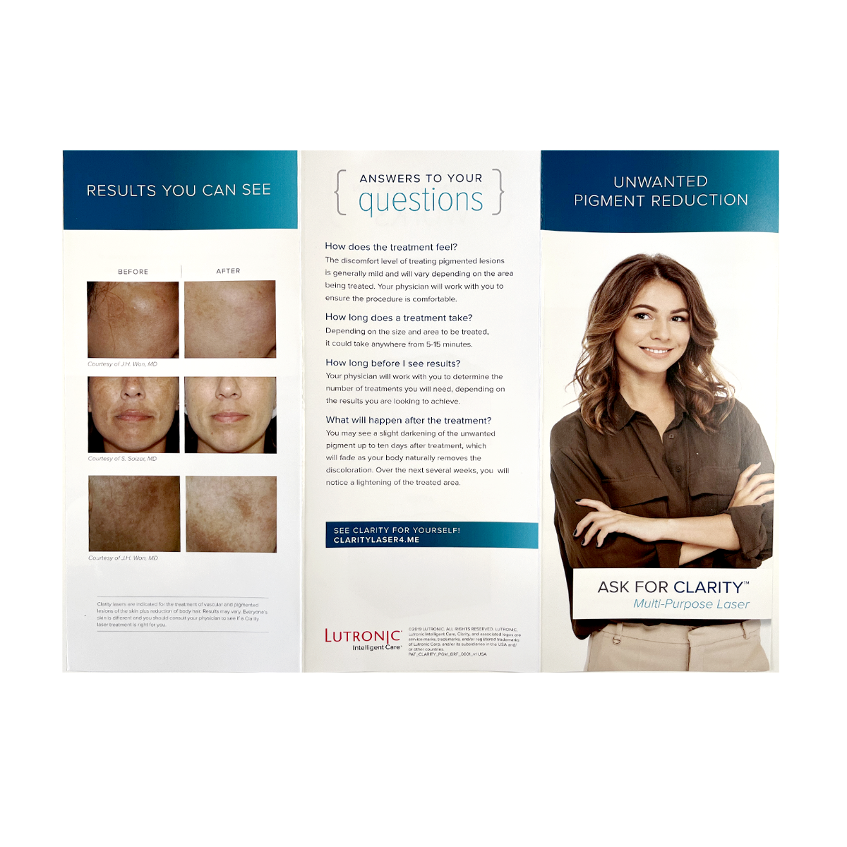 LUTRONIC, ASK FOR CLARITY, Multi-Purpose Laser, Unwanted Pigment Reduction Brochure, 1 Pack (50 brochures)