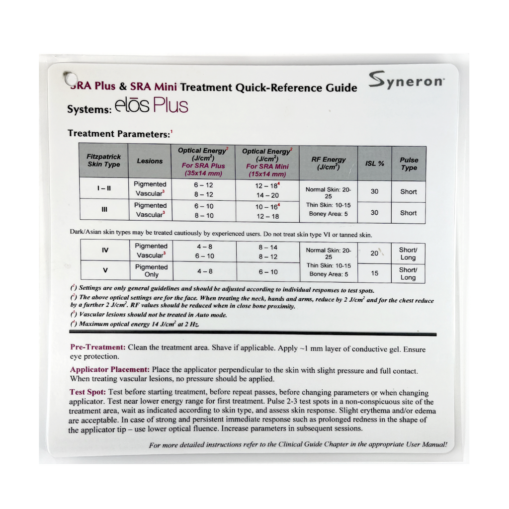 Syneron, Elos Plus, Quick-Reference Guide, Treatment Parameters