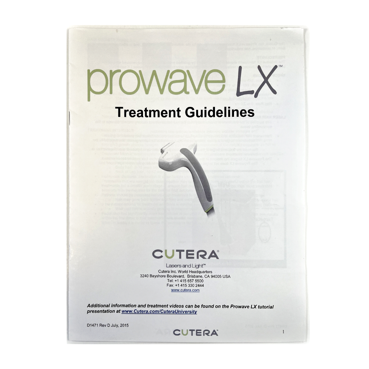 Cutera Prowave LX Treatment Guidelines 2015 D1471 Rev.D