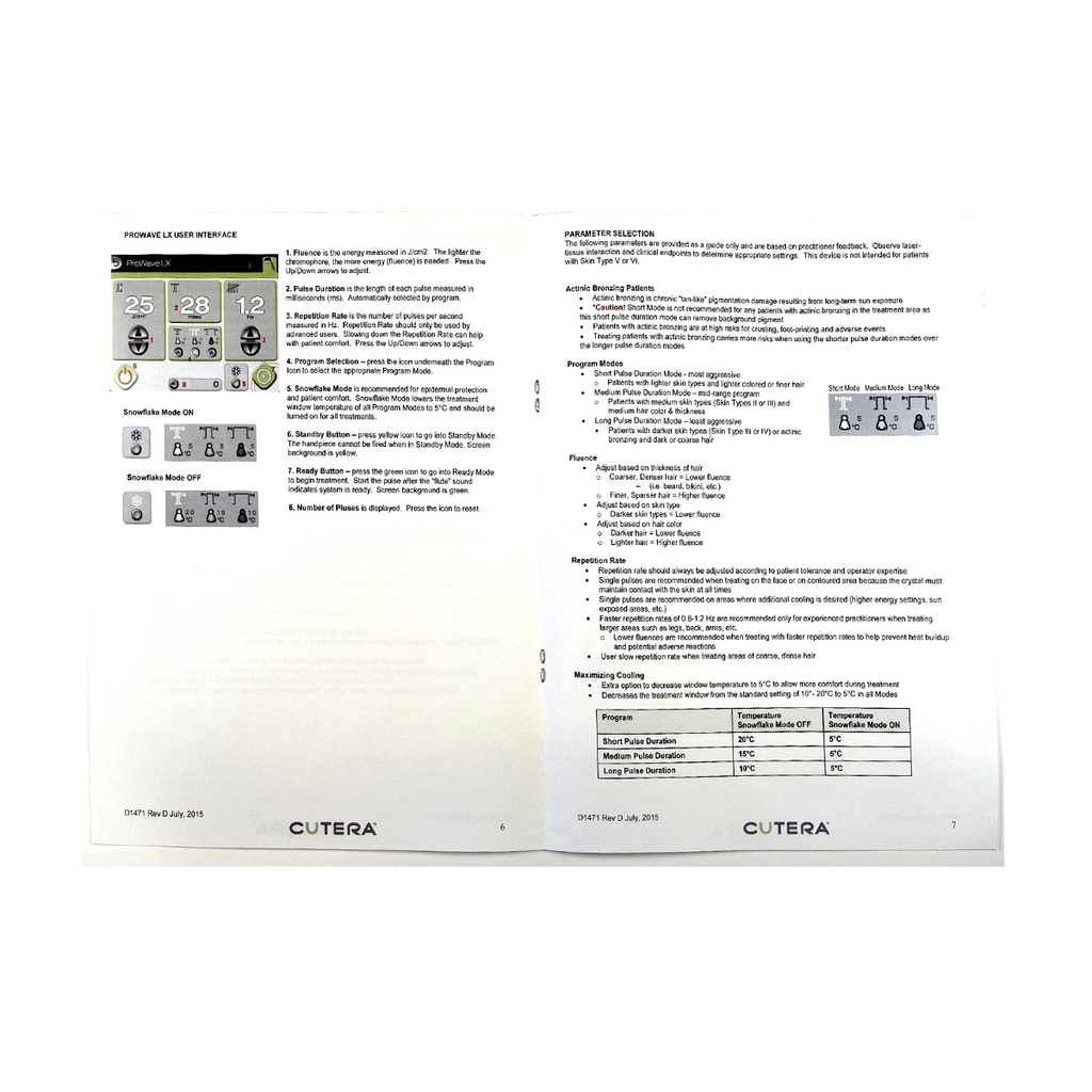 Cutera Prowave LX Treatment Guidelines 2015 D1471 Rev.D