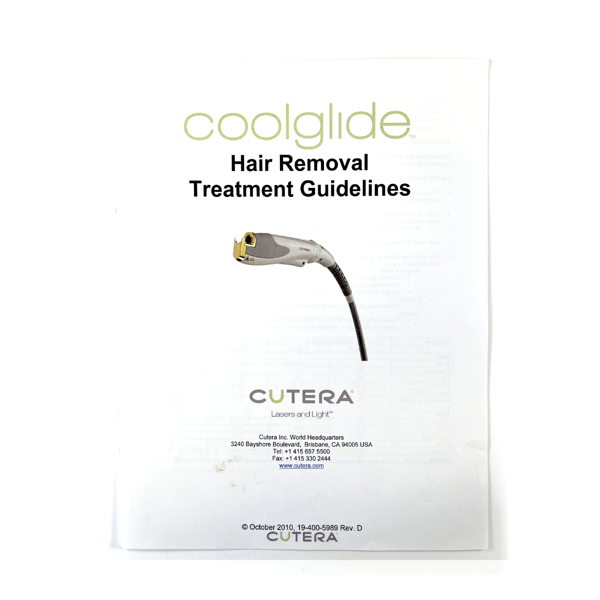 Cutera Coolglide Hair Removal Treatment Guidelines 19-400-5989 Rev. D October 2010