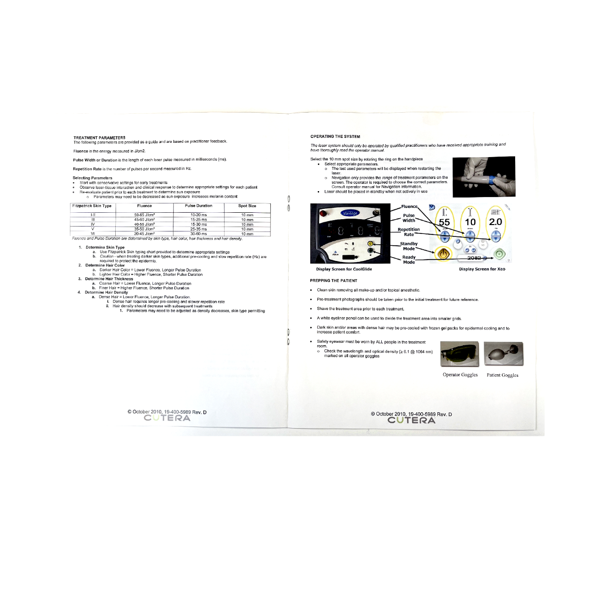 Cutera Coolglide Hair Removal Treatment Guidelines 19-400-5989 Rev. D October 2010