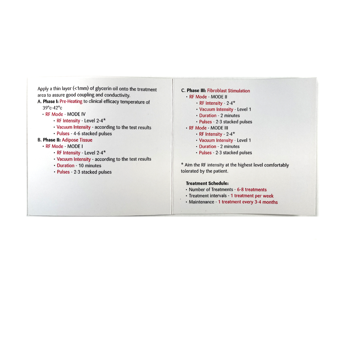 VIORA, REACTION, BC/FC Applications Quick Guide (Cellulite & Circumferential Reduction), P/N: CL-004 BC, 2011