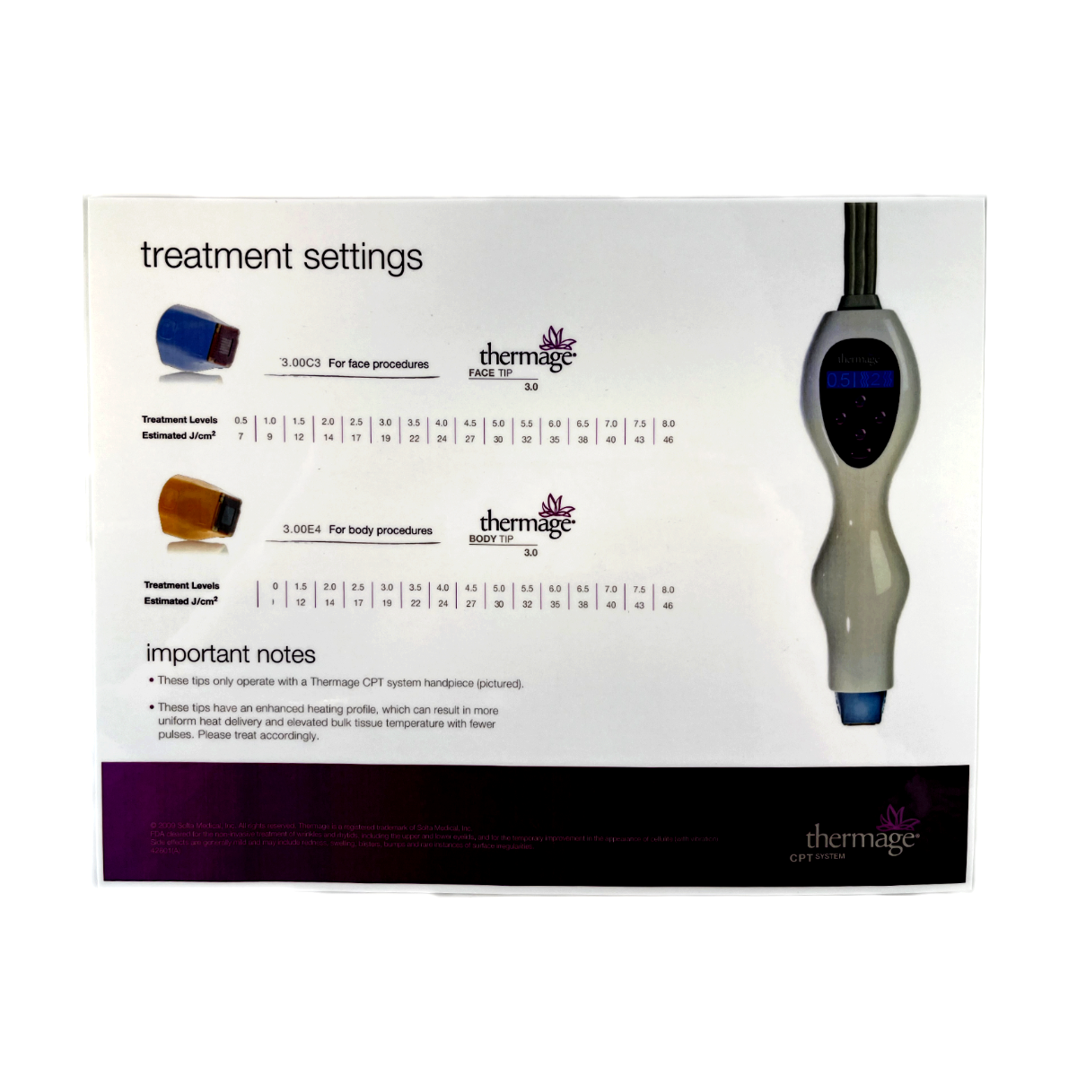 Solta Medical, Thermage treatment settings, CPT System, one laminated sheet, 2009