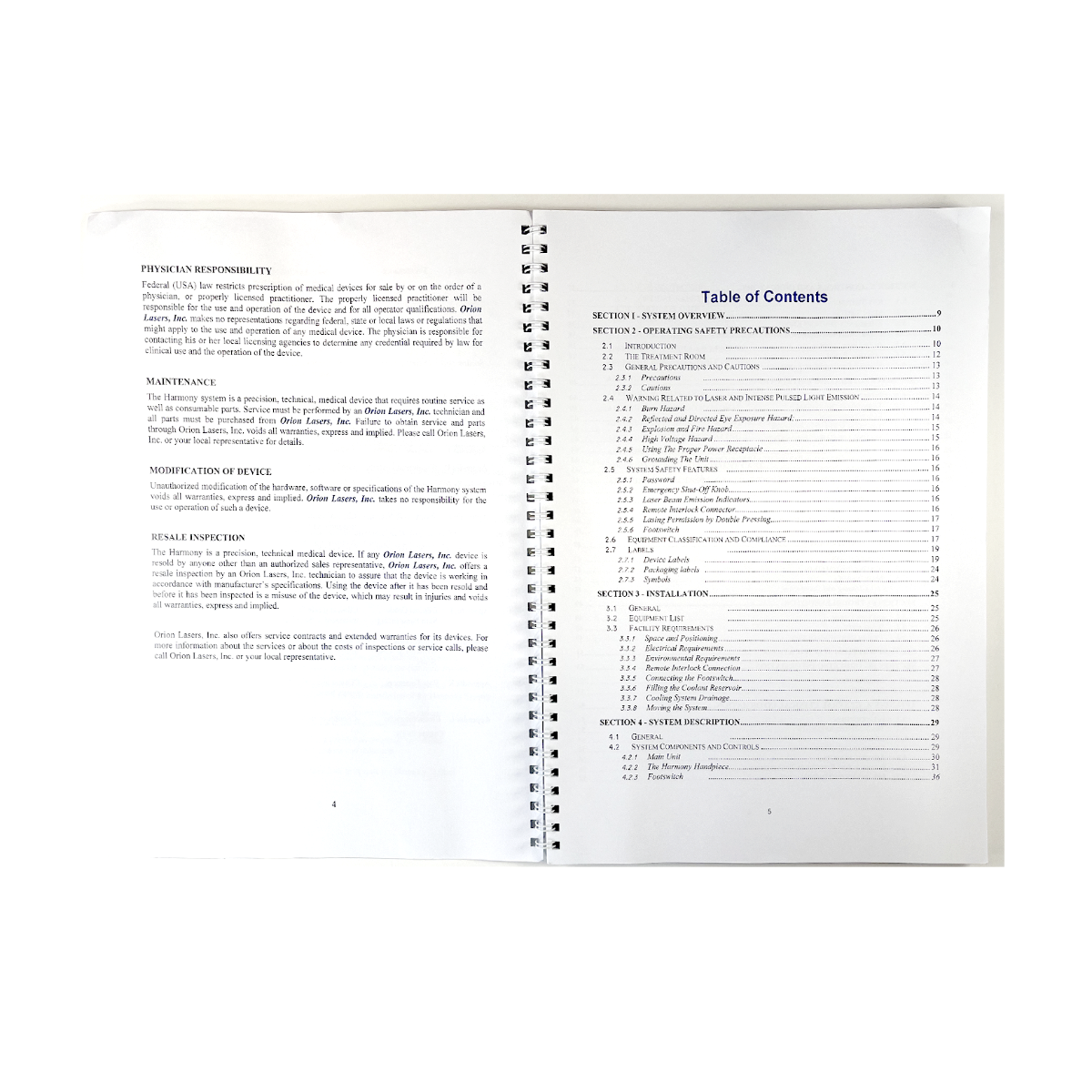 Orion Lasers Inc Harmony System Operating Manual Rev 07 February 2005