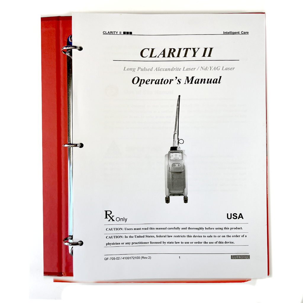 LUTRONIC, Solution to the Success of a Skincare Clinic, CLARITY II Long Pulsed Alexandrite Laser / Nd: YAG Laser, Operator’s Manual, P/N 4100172100 Rev. 2